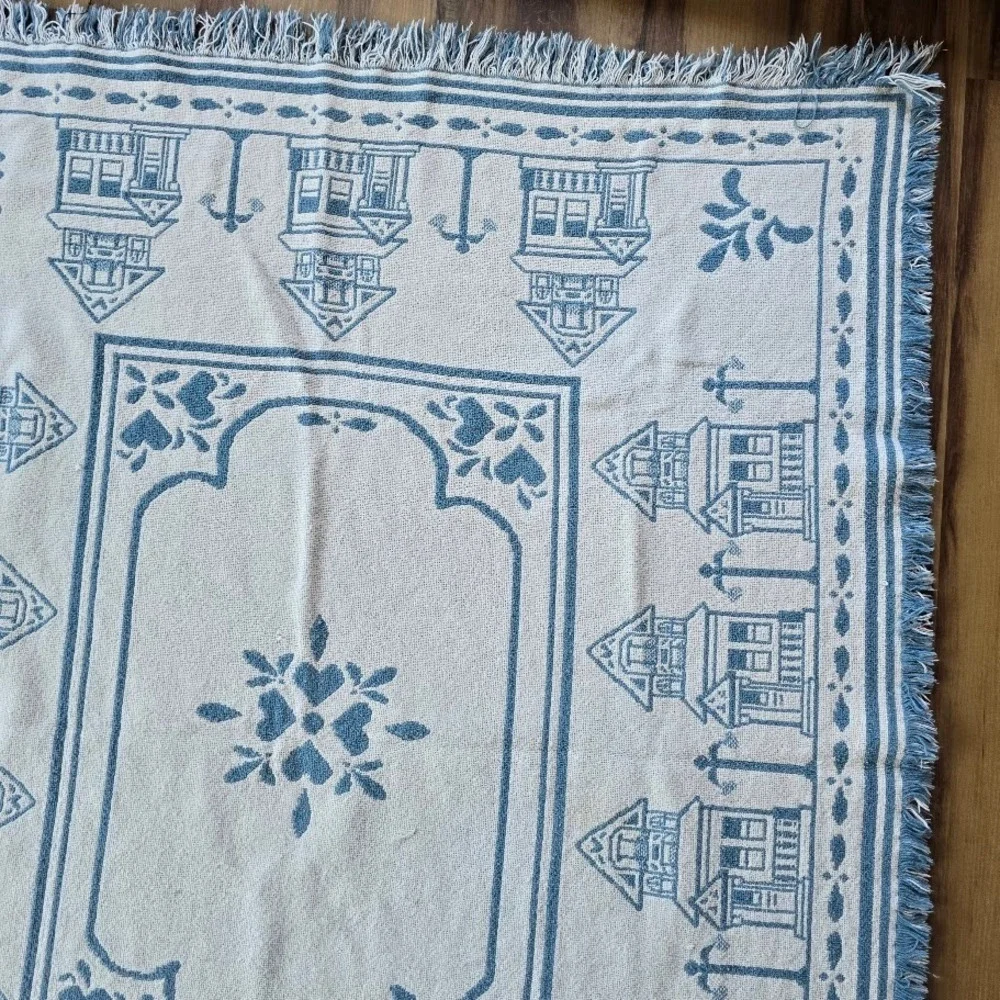 Vtg 80s/90s Blue Victorian House Woven Throw Blanket Hearts Country Cottagecore‎